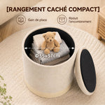 Opbergpoef, ronde hocker van chenille, voetenbankje met metalen onderstel in houtlook, beige