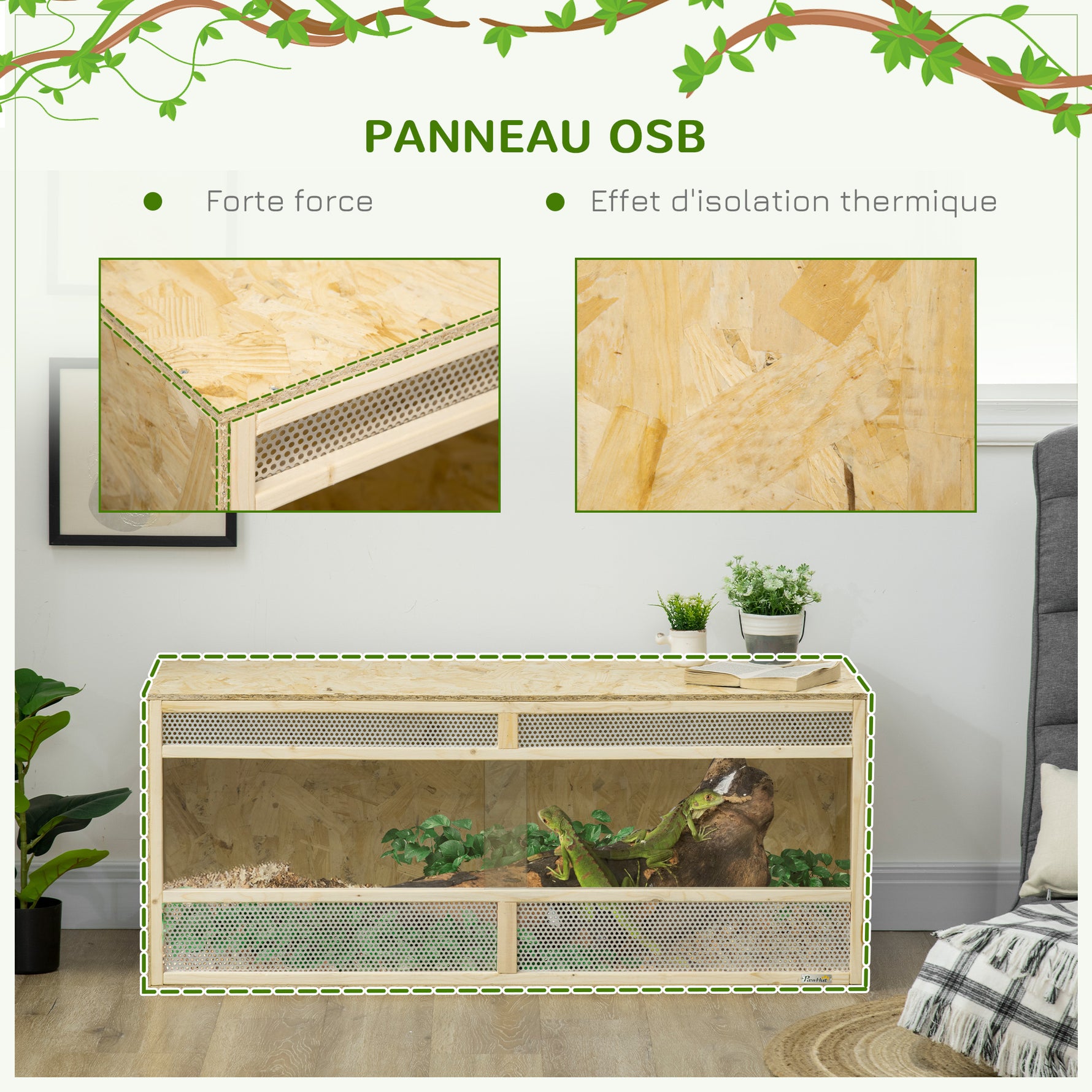 Terrarium en bois OSB pour reptiles avec porte coulissante en verre - 120 x 50 x 50 cm naturel