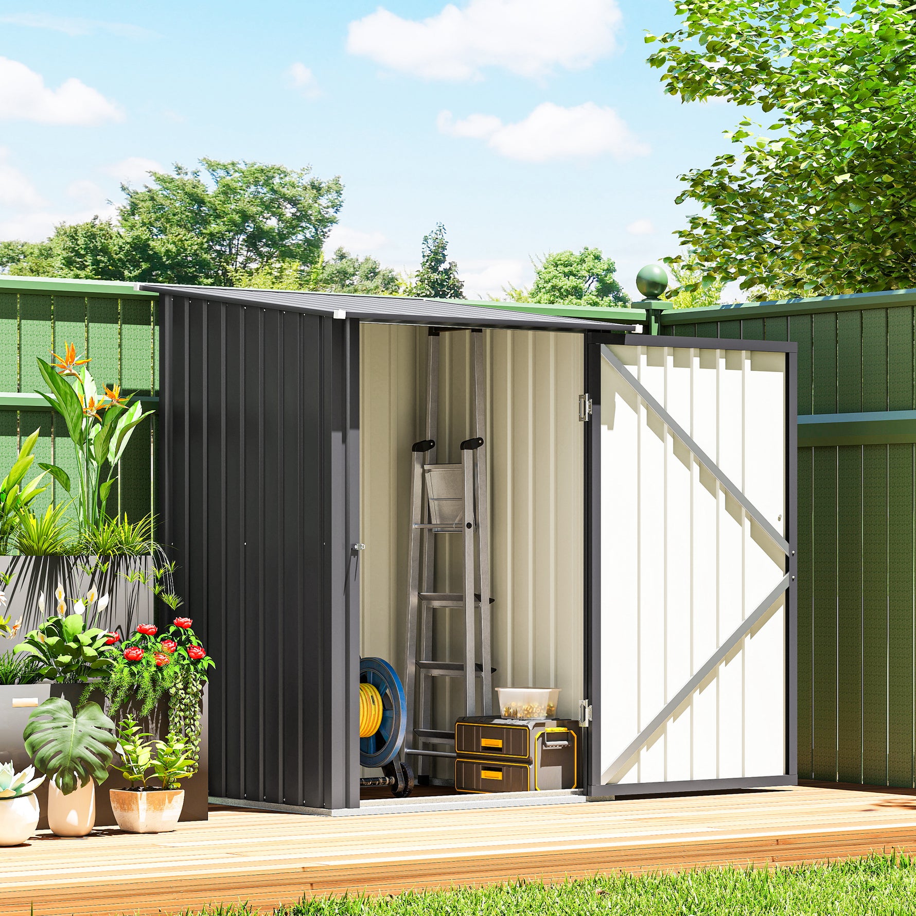 Abri de Jardin en Acier galvanisé 1m², avec Tôle Ondulée, Toit Incliné et Porte Verrouillable, 100x104x160cm, Gris Foncé