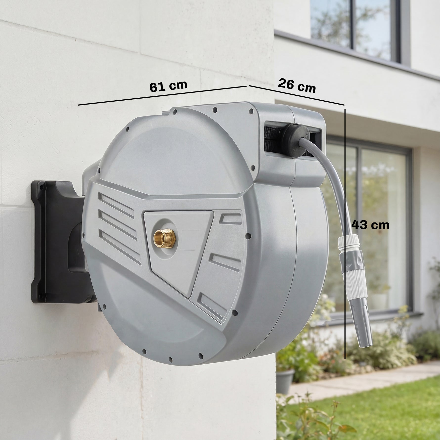 Enrouleur Tuyau Arrosage Mural 40+2 m x Ø 15mm, Dévidoir de Tuyaux d'Eau Rétractable Automatique Pivotant à 180°, Gris