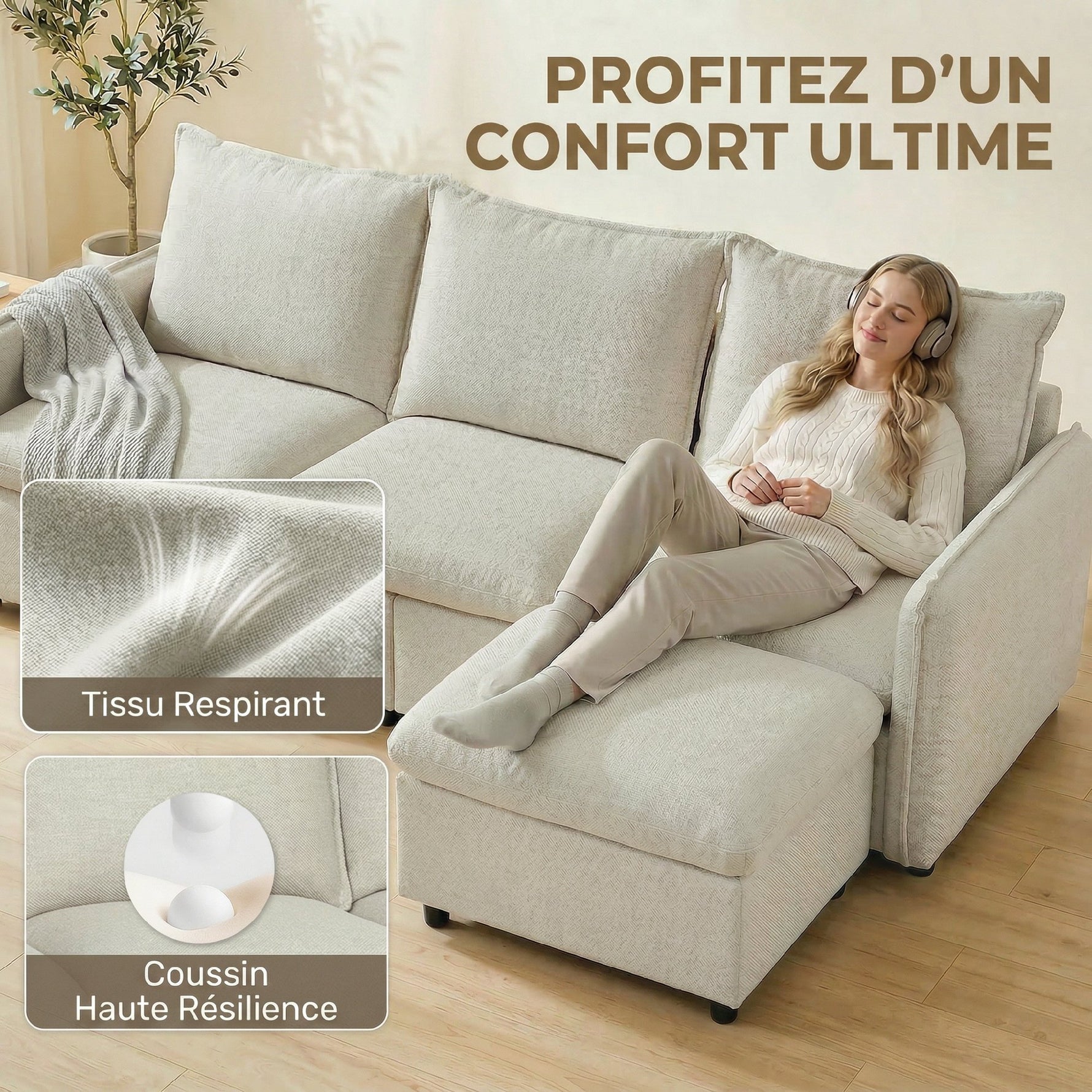Canapé 3 places avec pouf de rangement, canapé d'angle modulable 212 cm, coussins à ressorts, tissu en lin, crème
