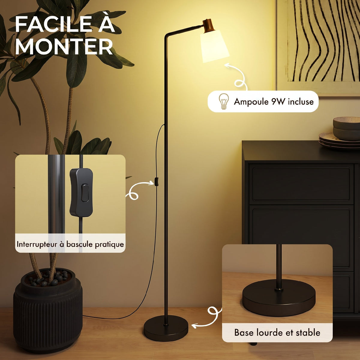 Lampadaire sur Pied Salon à Tête Rotative à 350°, Lampe sur Pied Moderne avec 3 Températures de Couleur, Noir