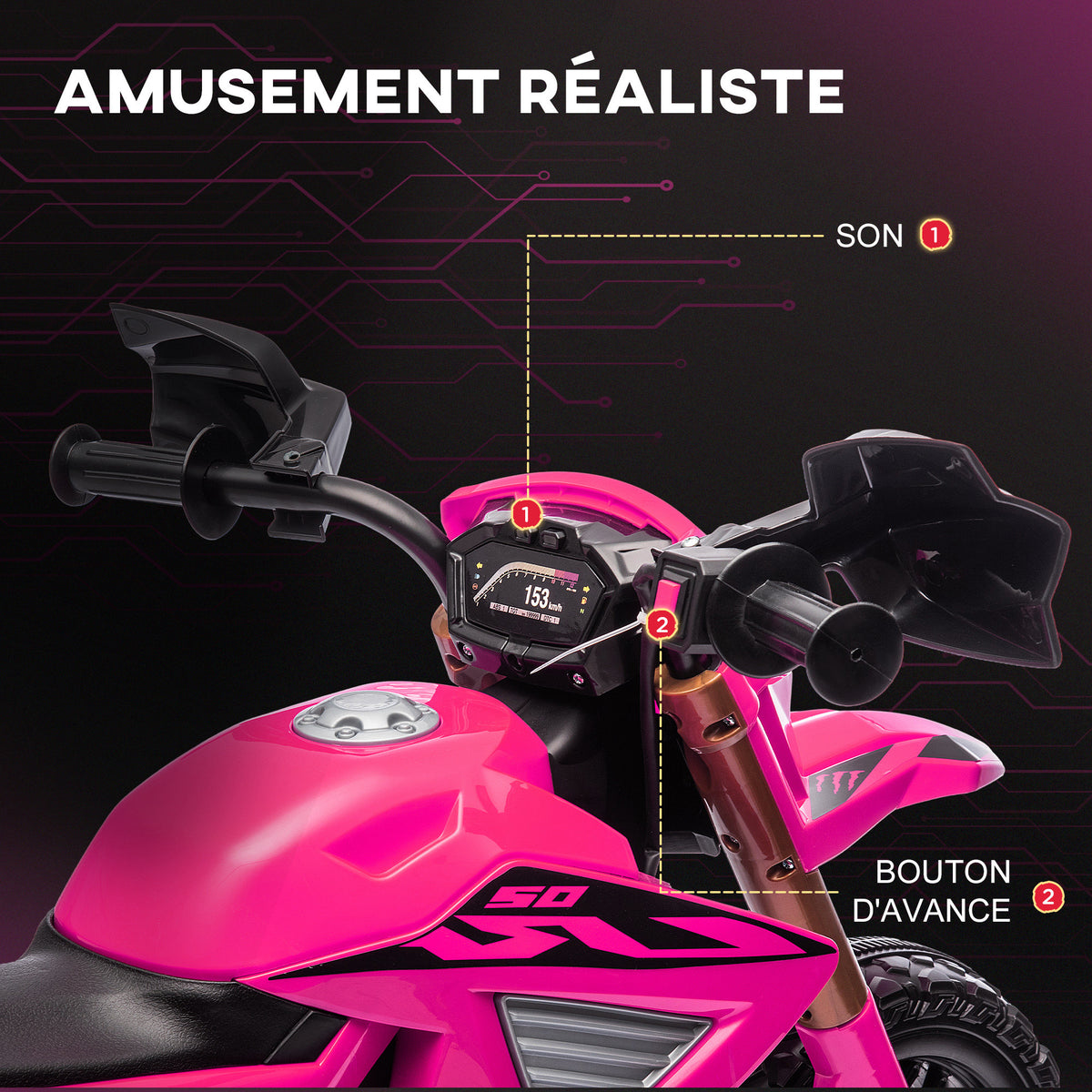 Moto cross électrique pour enfants 3-8 ans, batterie 6 V, 2 moteurs, klaxon et roues d'entraînement, charge 30KG, rose