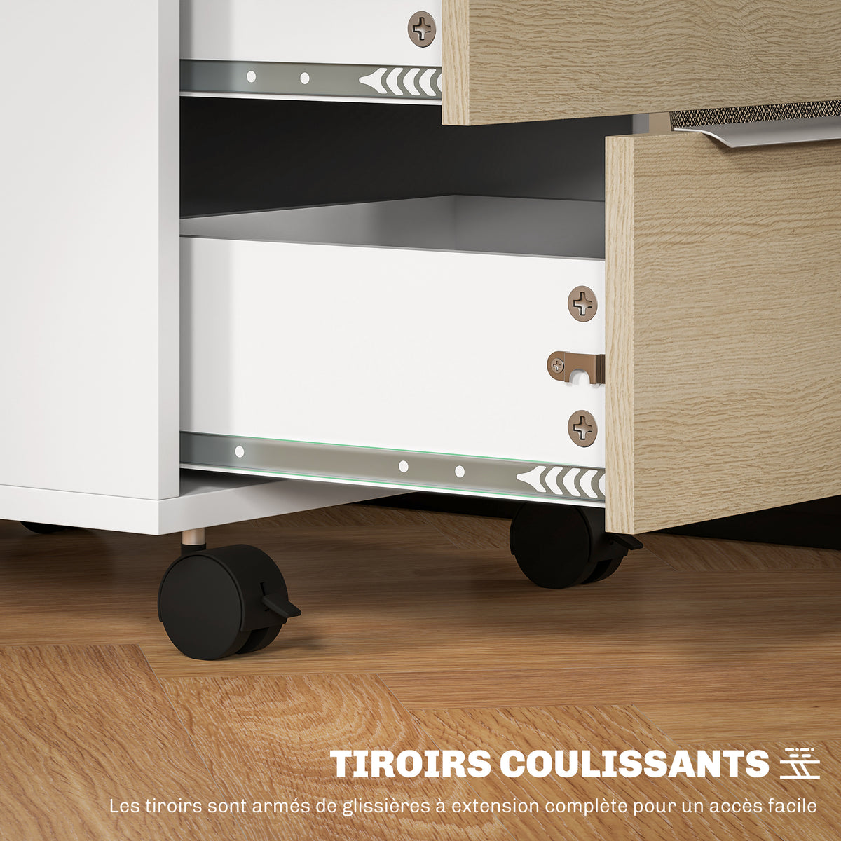 Cassettiera da ufficio con ruote a 3 cassetti e serratura, mobile contenitore da ufficio su ruote, 40 x 40 x 63,5 cm, rovere