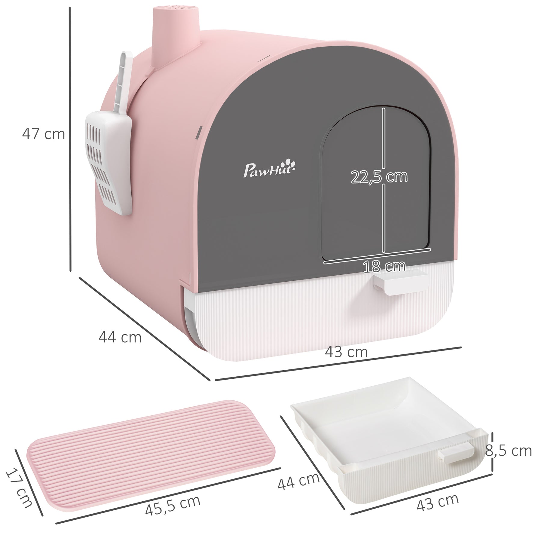 Bac à litière pour chat avec porte battante pelle et filtre inclus dim. 43L x 44l x 47H cm rose