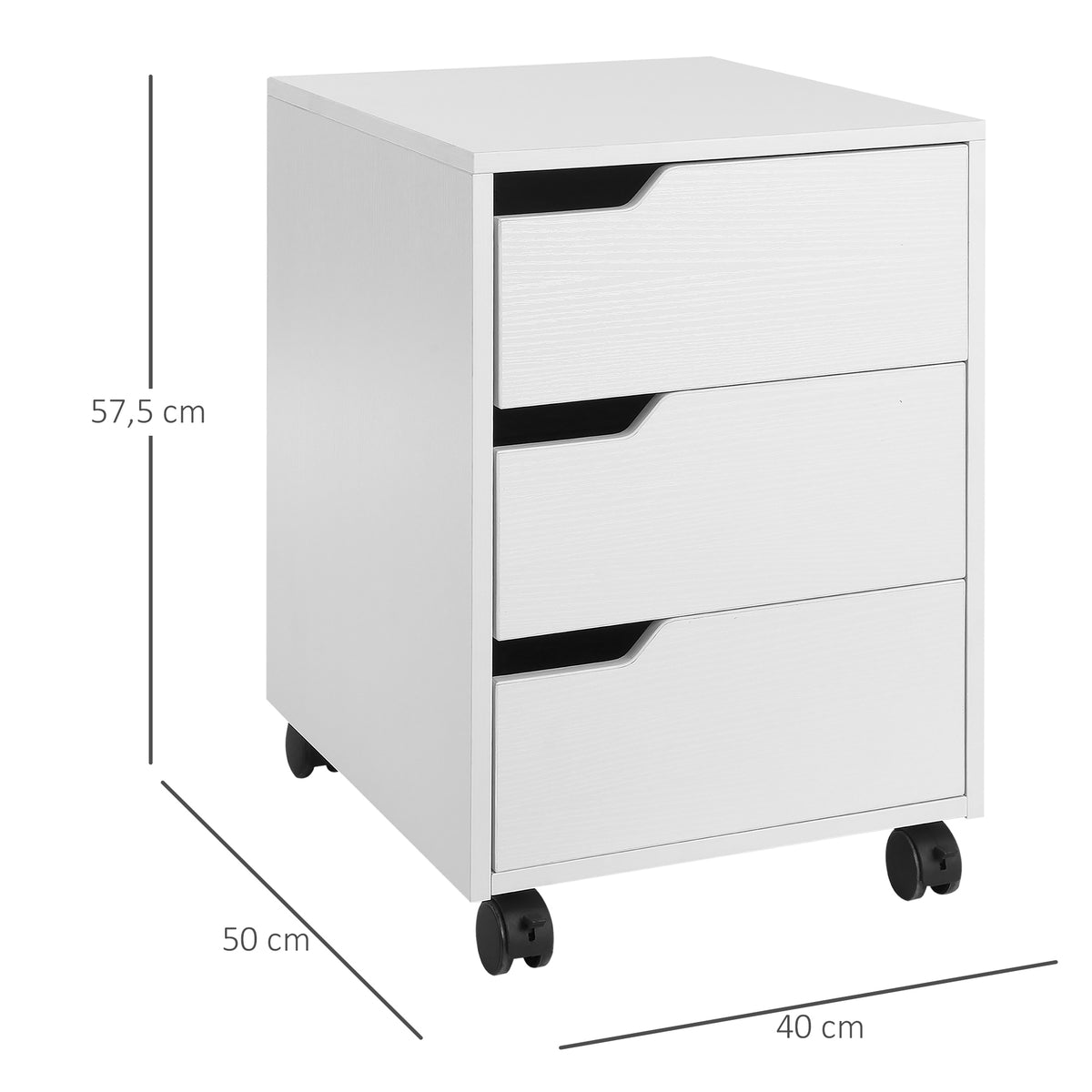 Caisson bureau mobile avec 3 tiroirs, meuble rangement bureau sur roulettes pour documents et imprimante, caisson de rangement compact pour travail ou chambre, 40x50x57,5cm, blanc