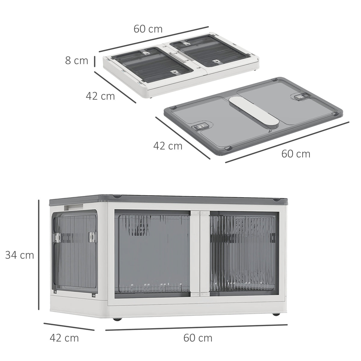 Boîtes de rangement pliables et empilables 69L en plastique avec couvercle et 4 roulettes, accès à 5 côtés, blanc