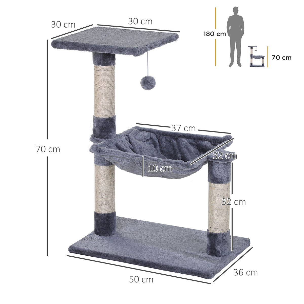 Tiragraffi per gatti, 3 colonne in sisal naturale, piattaforma, amaca e pallina sospesa, dim. 50L x 36P x 70A cm, in peluche corto grigio