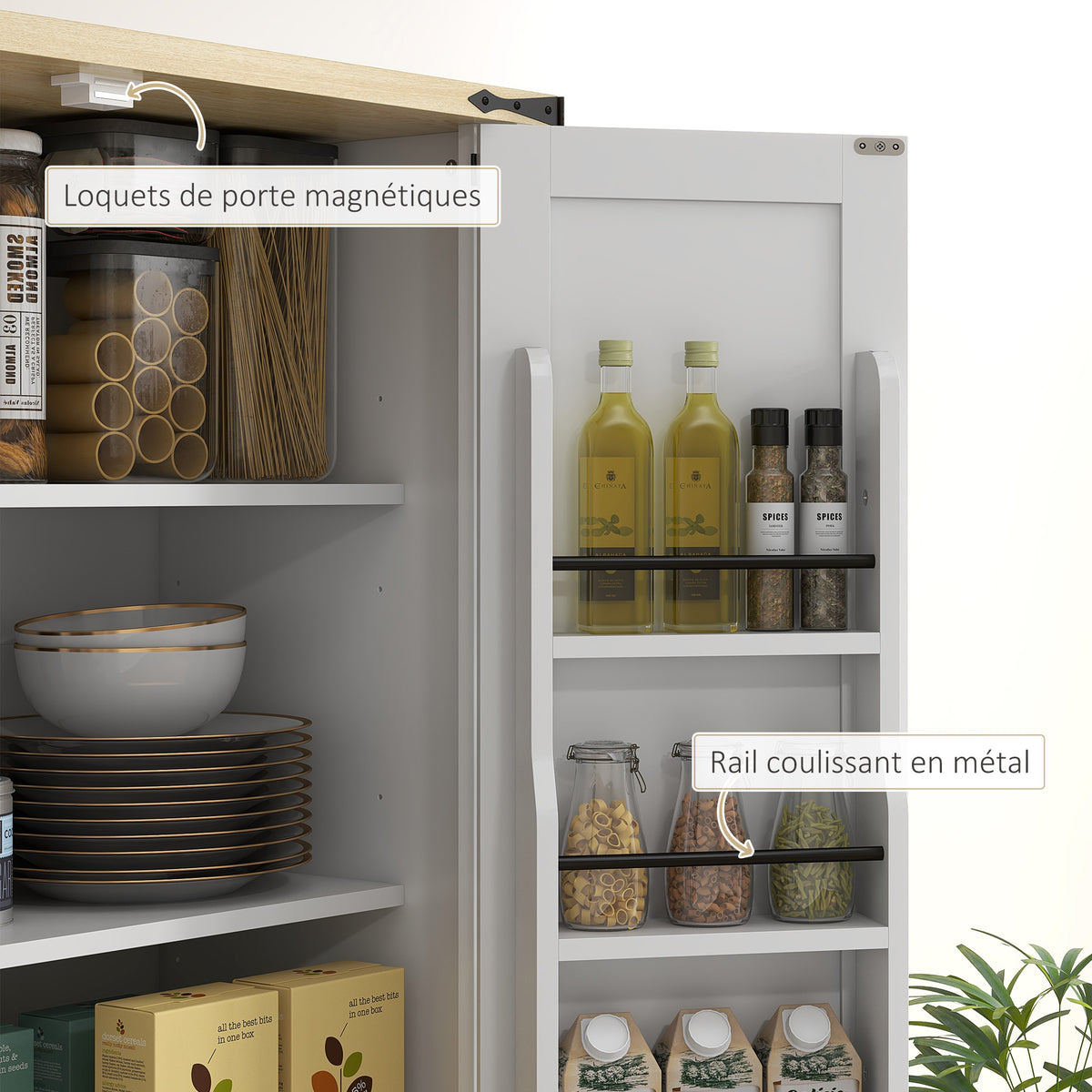 Armoire de cuisine buffet cuisine, 4 portes, 6 étagères à porte,1 tiroir et étagères réglables 76,5 x 40 x 181 cm blanc