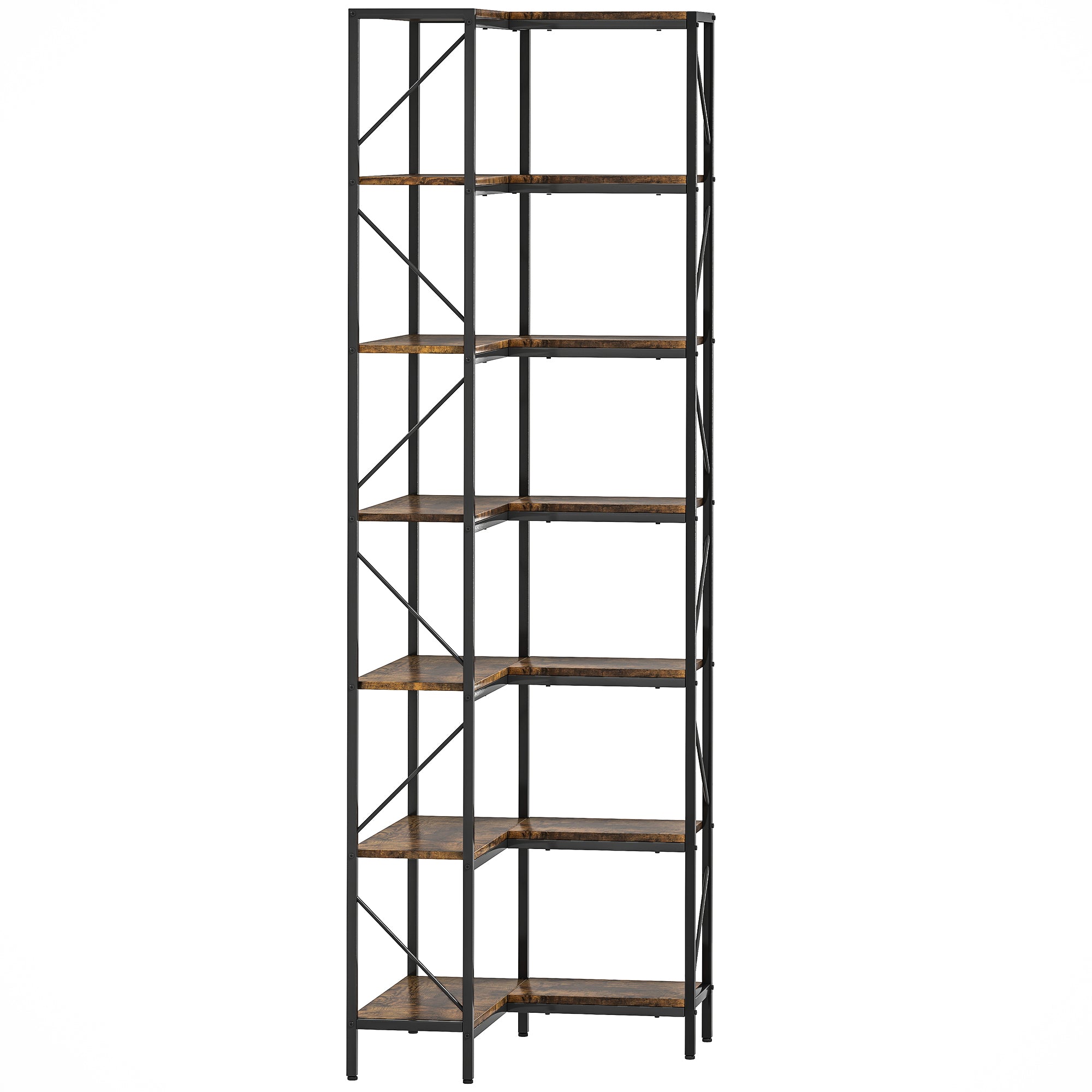 Industrielles Eckregal mit 7 Ebenen und Ablagefächern, 60 x 60 x 198 cm, rustikales Braun