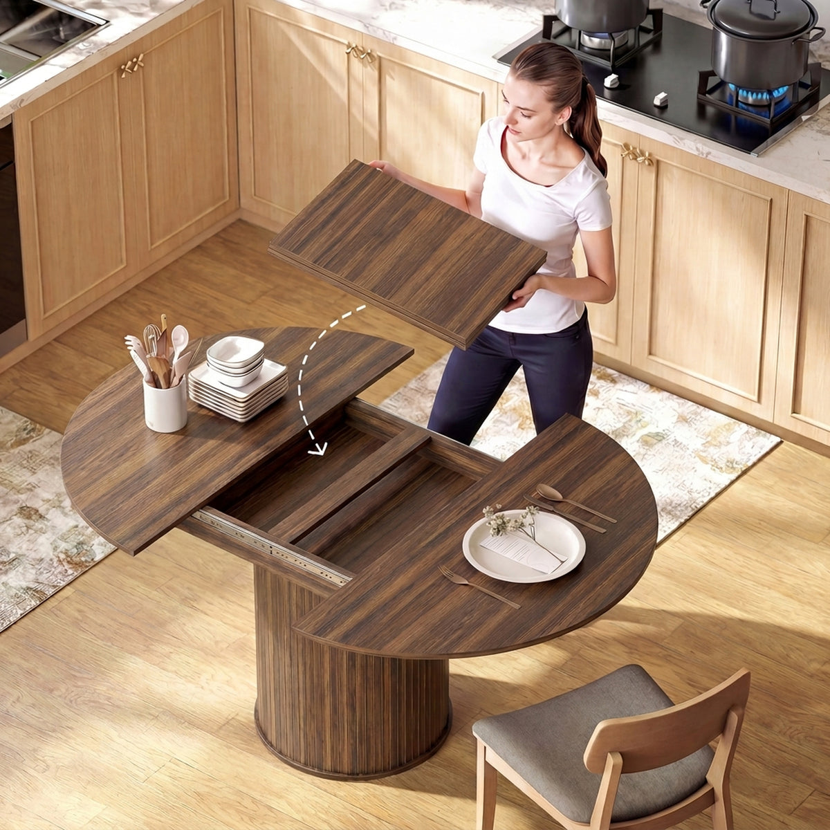 Mesa de Comedor Extensible para 6 a 8 Personas, 110-150 cm, Mesa de Cocina Ovalada con Base Central Redonda, Nogal