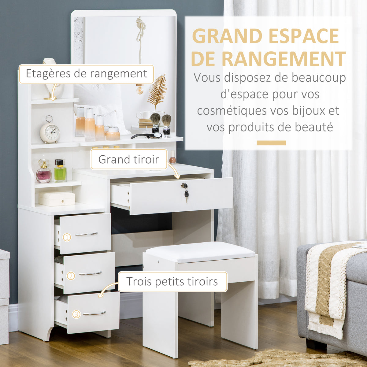 Ensemble de coiffeuse avec tabouret rembourré grand miroir + plusieurs étagères ouvertes + 4 tiroirs blanc