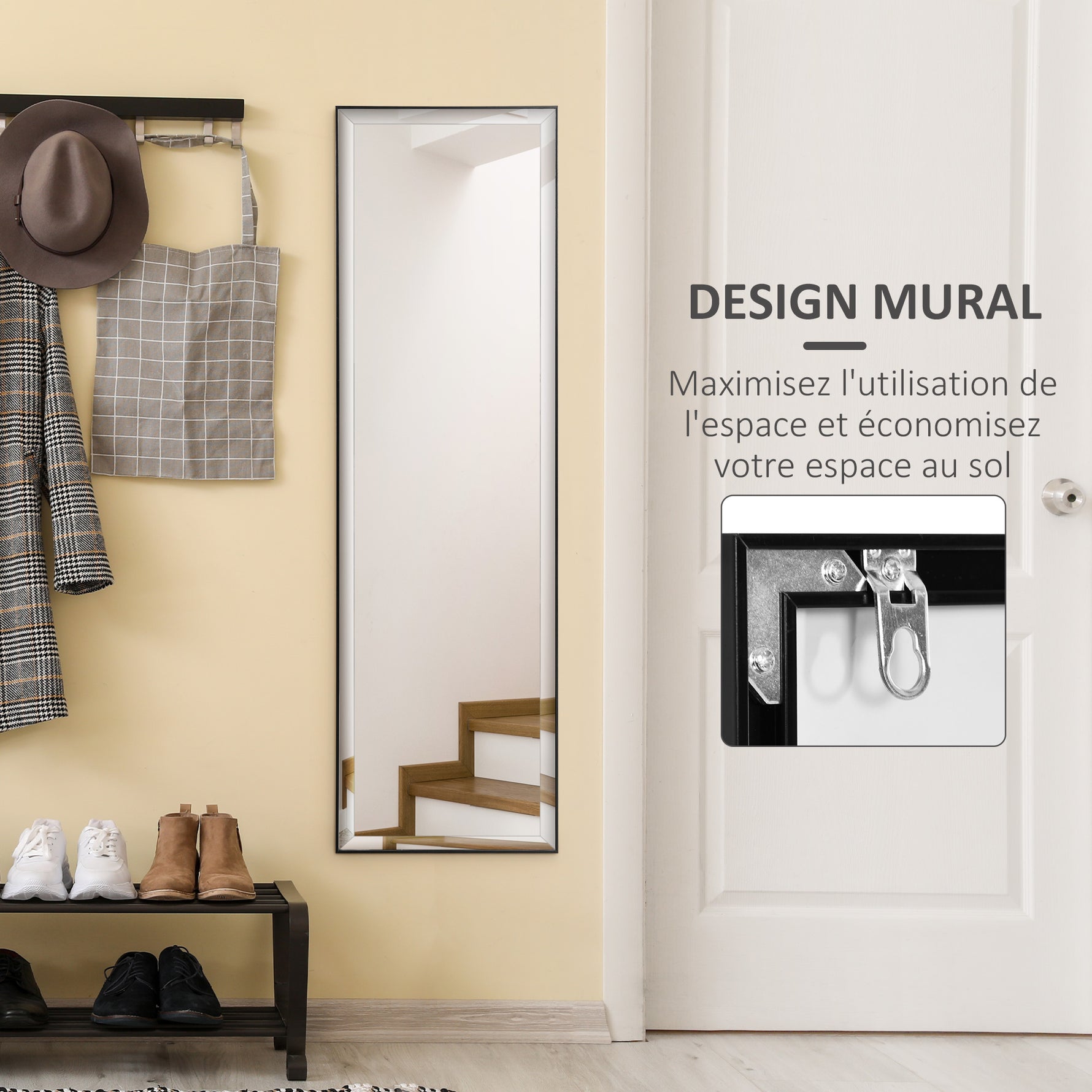 Miroir Mural dim. 120L x 35l cm - Film sécurité Anti déflagrant, système Attache Inclus - Cadre Alliage alu. Noir