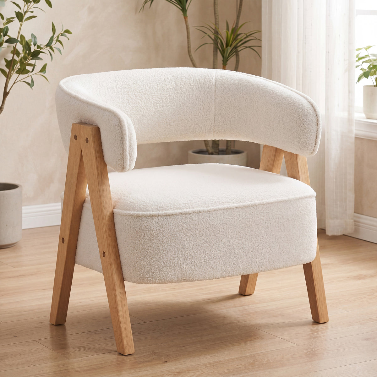Sillón de salón de tela de borreguito, silla acolchada, asiento amplio, respaldo ergonómico, 70 x 64 x 71 cm, blanco