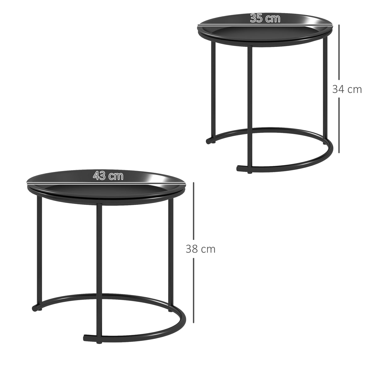 Lot de 2 tables basses rondes gigognes plateaux amovibles style industriel en acier Ø 43 et Ø 35 cm noir