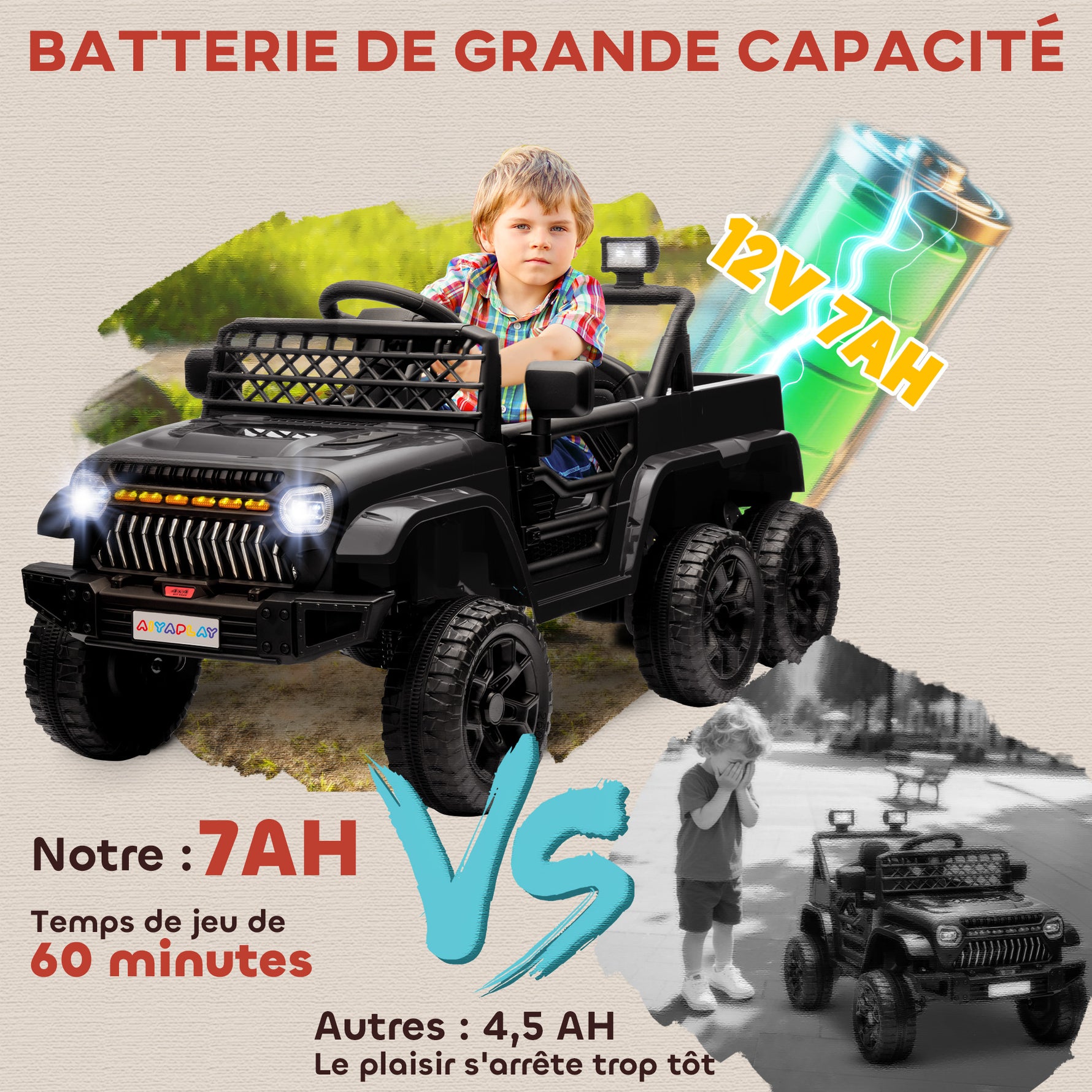 Voiture électrique enfant buggy électrique enfant 2 moteurs 12 V 3 vitesses remorque arrière 122L x 62,5l x 65H cm noir
