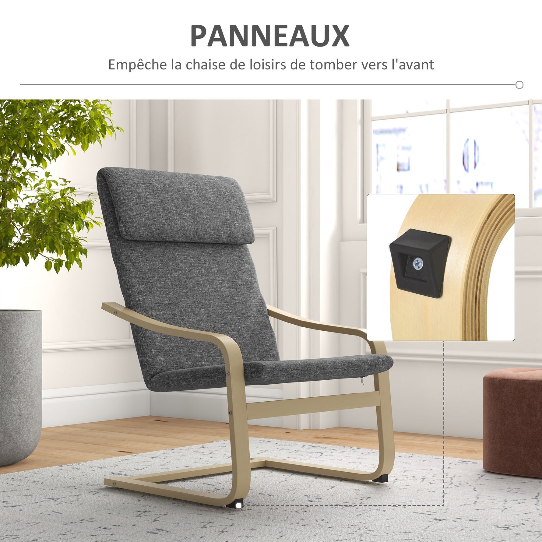 Fauteuil de salon, fauteuil chambre avec accoudoirs incurvés, coussin, tissu aspect lin, 65 x 79 x 98 cm, gris