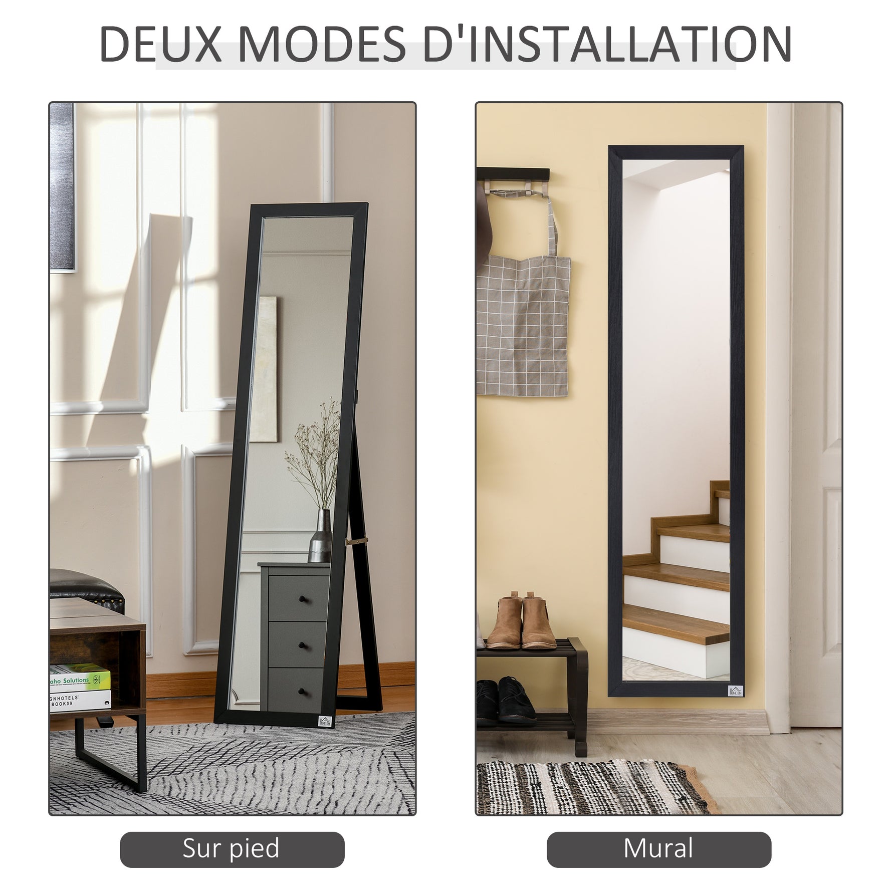Miroir sur Pied et Mural Rectangulaire, Miroir de Sol Pleine Longueur pour Dressing, Chambre, Salon, 37 x 37 x 154 cm, Noir