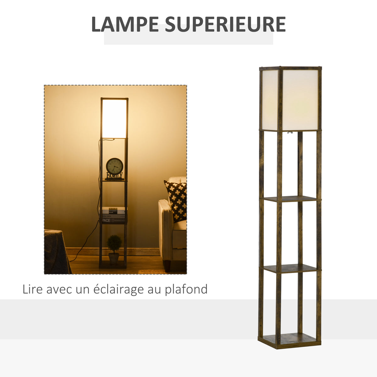 Lampadaire étagère Lampe étagère 26L x 26l x 160H cm 3 étagères 4 Niveaux MDF Blanc et Marron