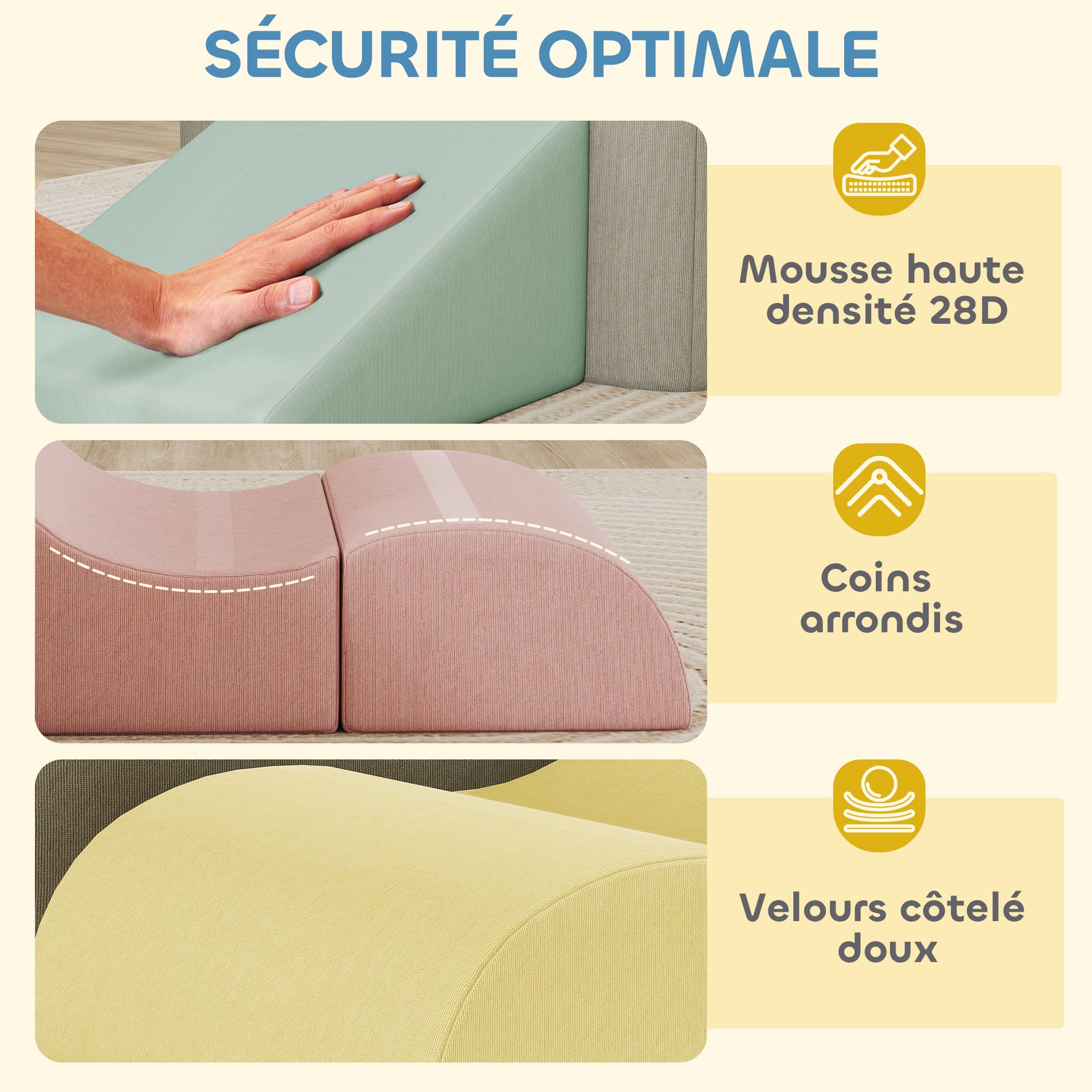 Parcours motricité bébé modulable en mousse 7 pièces housse lavable en velours côtelé 174 x 174 x 30 cm multicolore