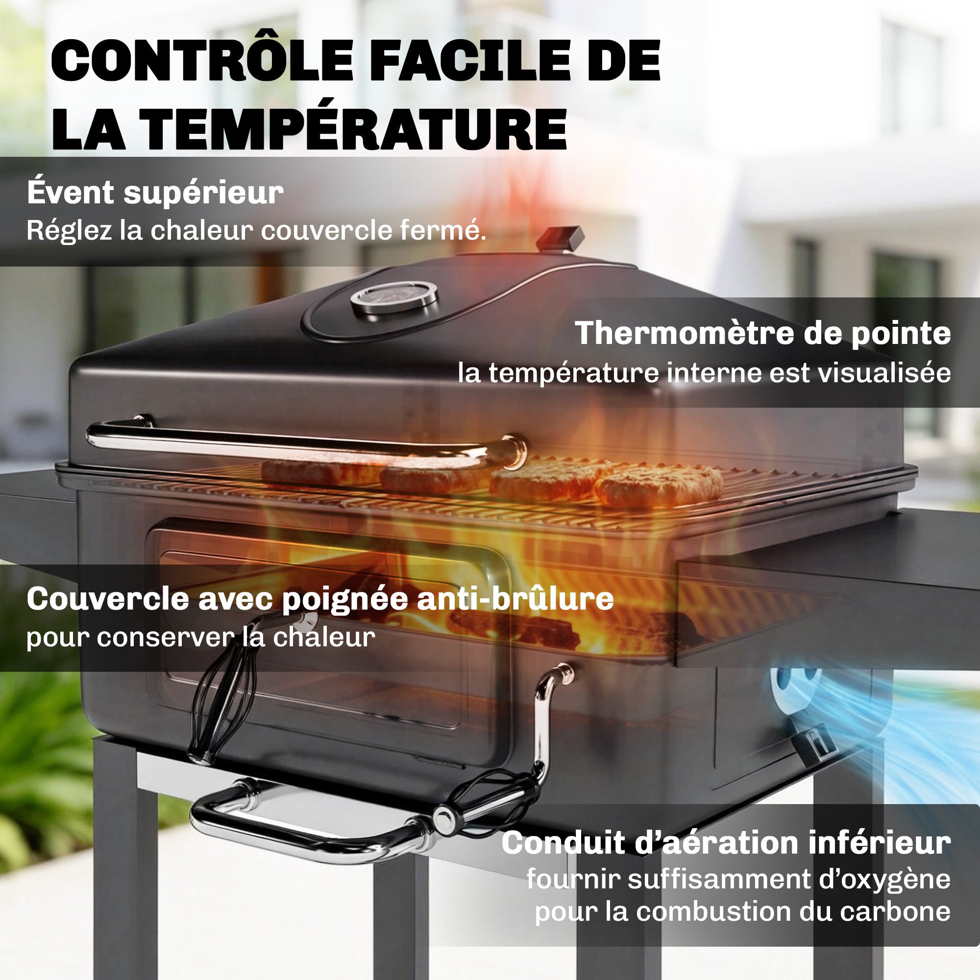 Barbecue Charbon de Bois Chariot Grill de Jardin avec Couvercle XXL Bac à Charbon et Évents Réglables 112cm Noir