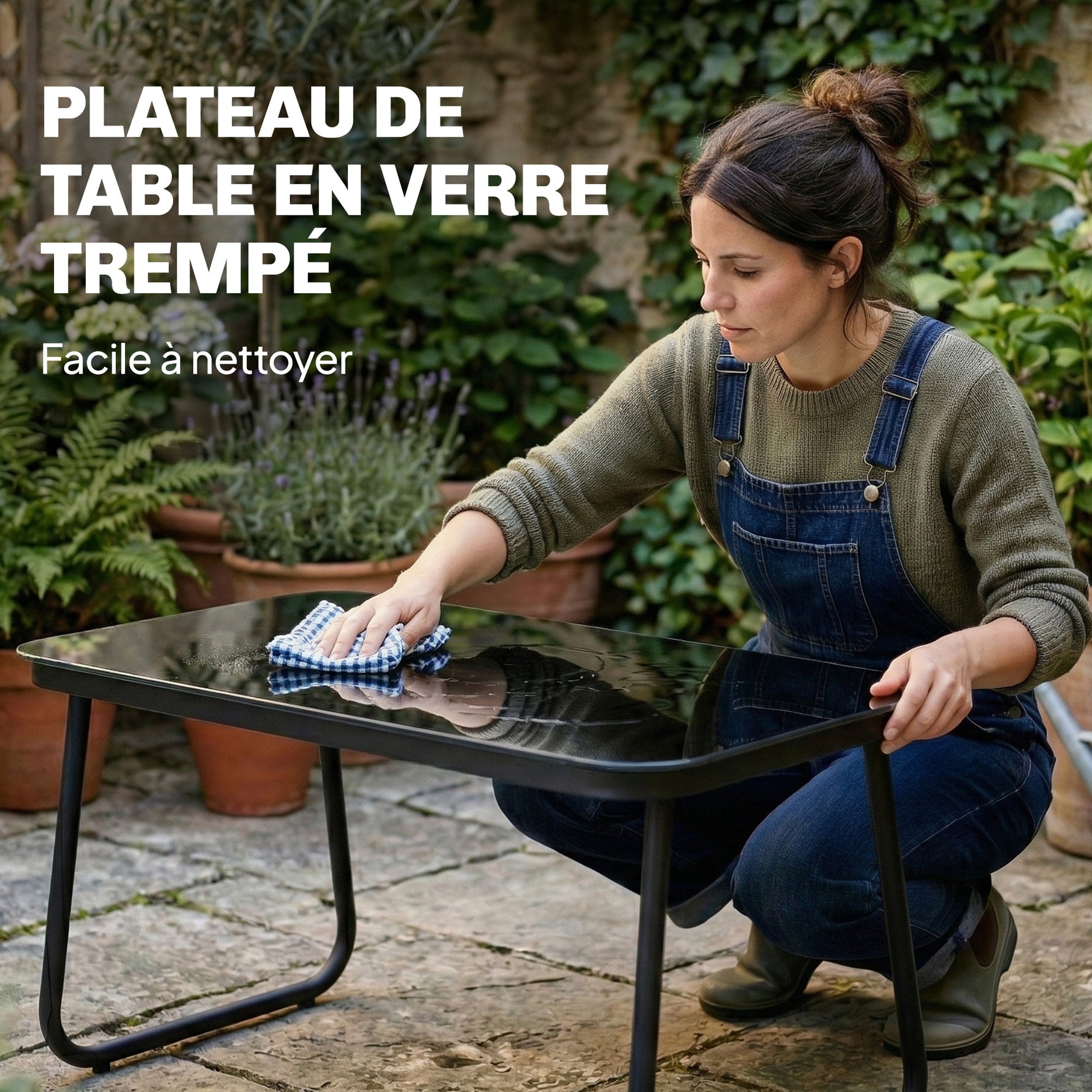 Salon de jardin 4 pièces avec canapé, fauteuils et table basse, gris foncé et noir