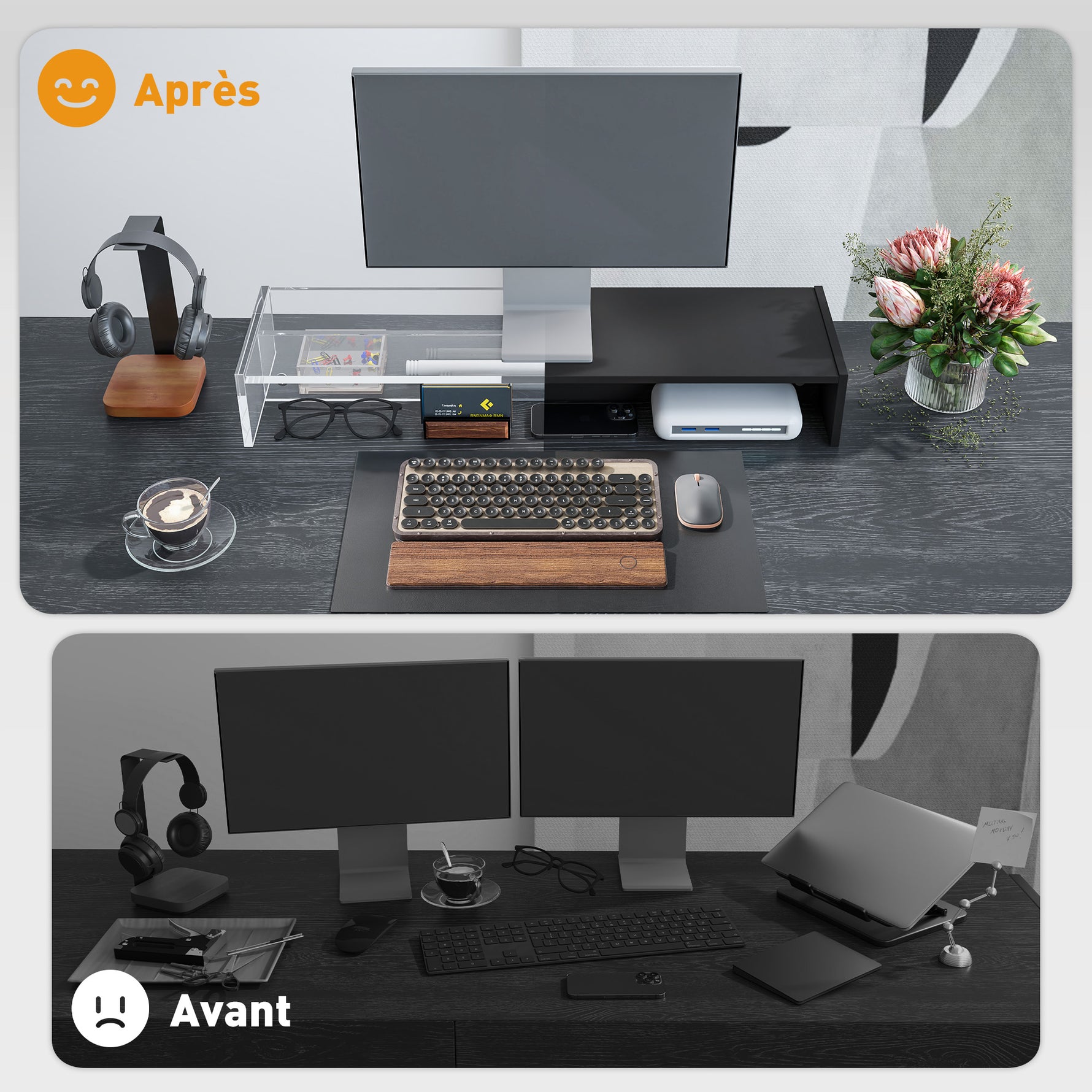 Rehausseur écran PC bureau support d'écran d'ordinateur de 100 cm support moniteur avec deux compartiments, noir