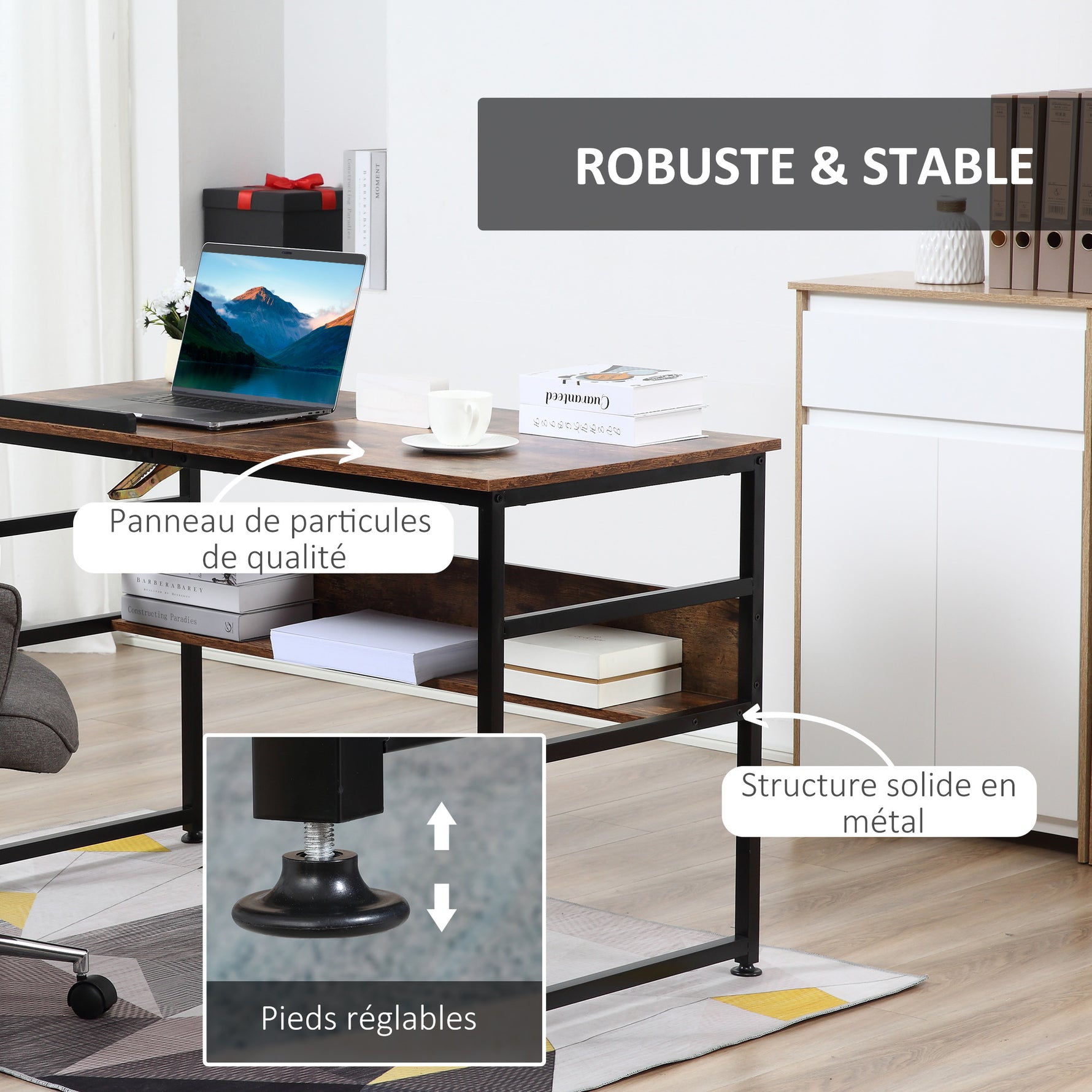 Table à dessin inclinable bureau informatique design industriel - plateau relevable, étagère - panneaux particules aspect vieux bois métal noir