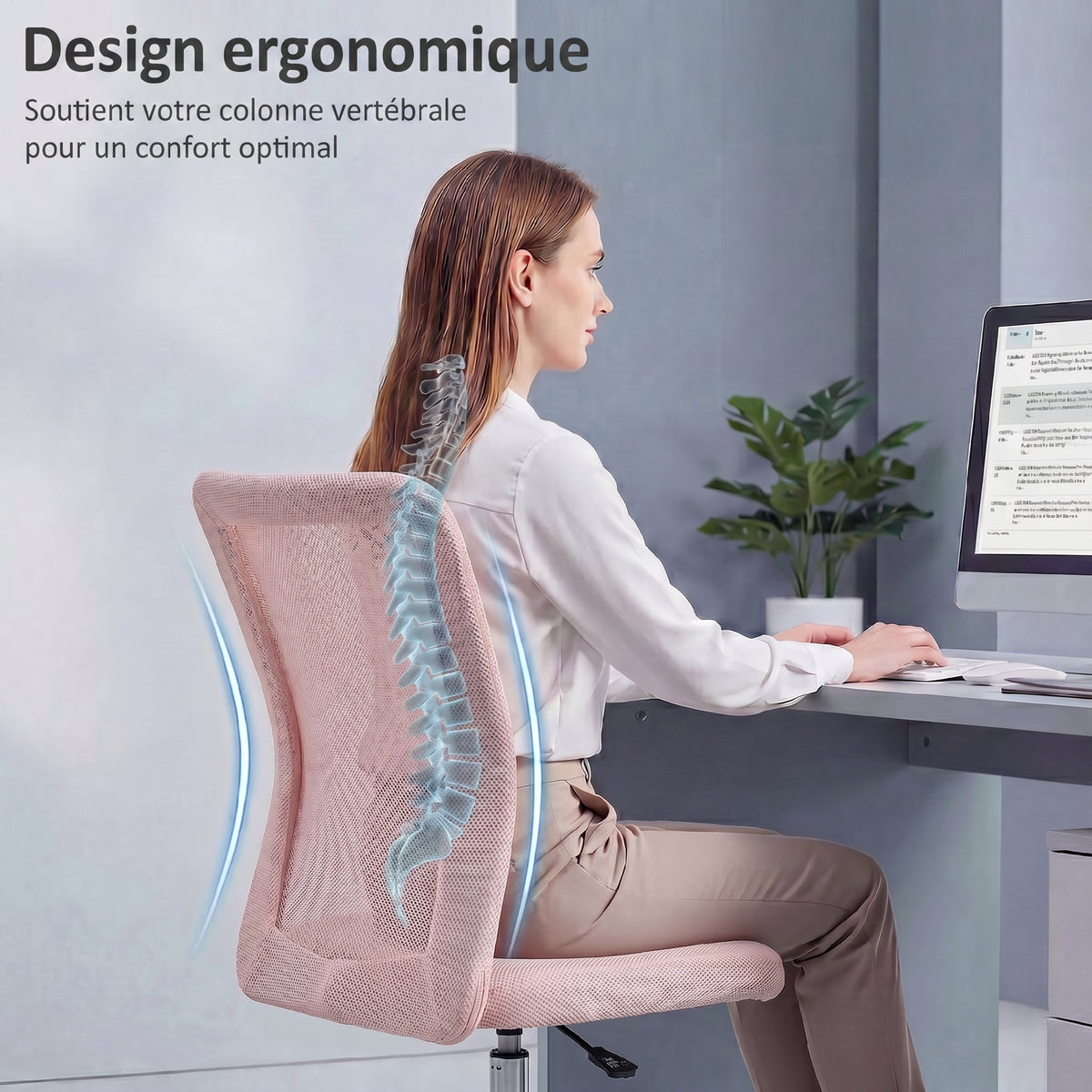 Chaise de bureau ergonomique hauteur réglable piètement chromé pivotant 360° revêtement maille rose