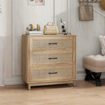 Commode 3 Tiroirs en Rotin, Meuble de Rangement, Chiffonnier, Pieds en Bois Massif, Style Bohème, 76x35x76cm, Chêne