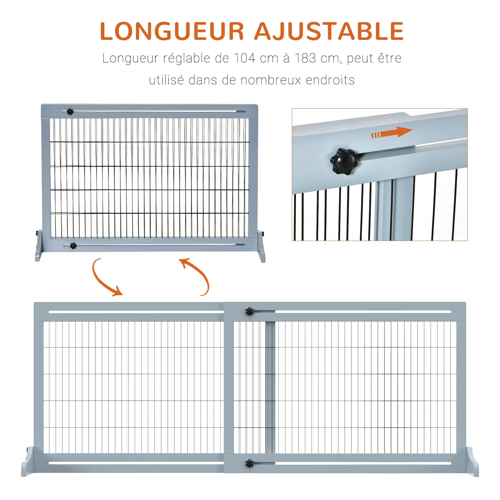 Barrière de sécurité pour chien extensible longueur réglable 104-180 x 36 x 69 cm pin bleu gris