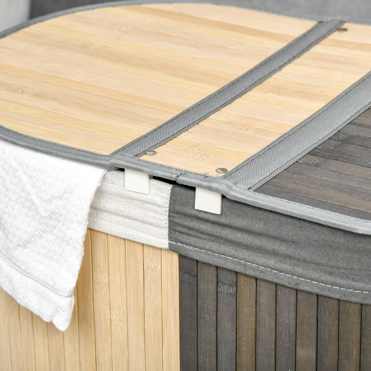 Cestino portabiancheria in bambù da 100 L con 2 scomparti, coperchio e sacco rimovibile, 62,5 x 37 x 60,5 cm - grigio