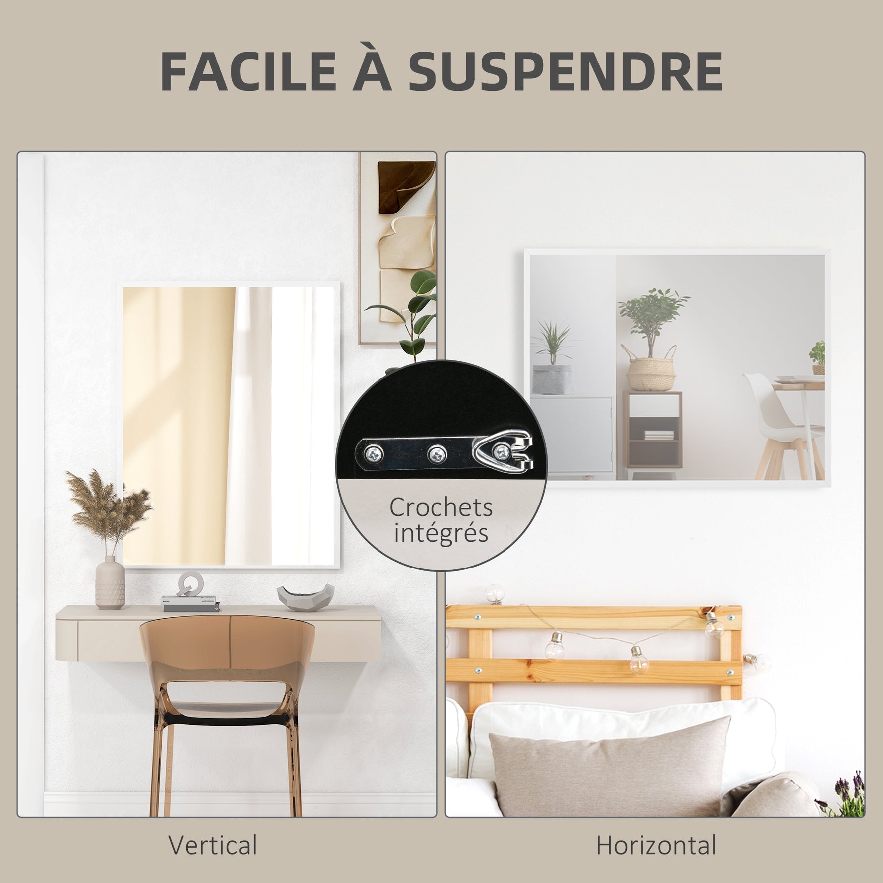 Miroir mural rectangulaire 90 x 70 cm, cadre en bois blanc, idéal pour la salle de bain, salon ou chambre