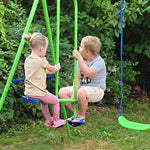 Balançoire portique pour enfant 3 en 1 avec 1 balançoire face à face et 2 sièges de balancelle, balançoire enfant extérieur cadre en A métal, hauteur réglable, charge 180kg, 3+ans, vert