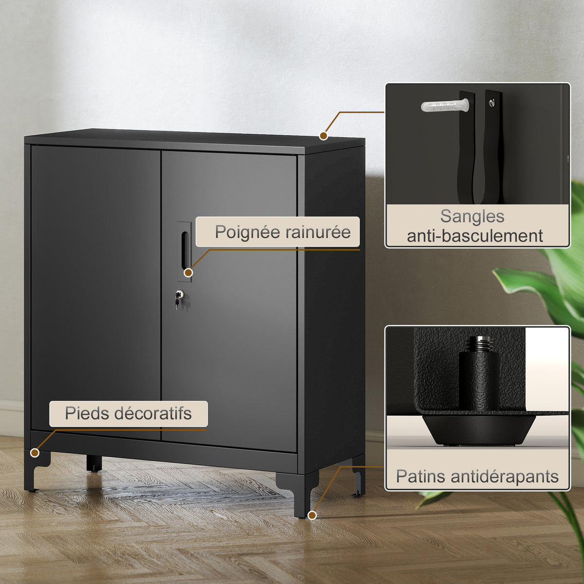 Büroschrank mit 2 Ebenen, Metall-Büroaufbewahrung mit 2 abschließbaren Türen, 80 x 35 x 91 cm, schwarz