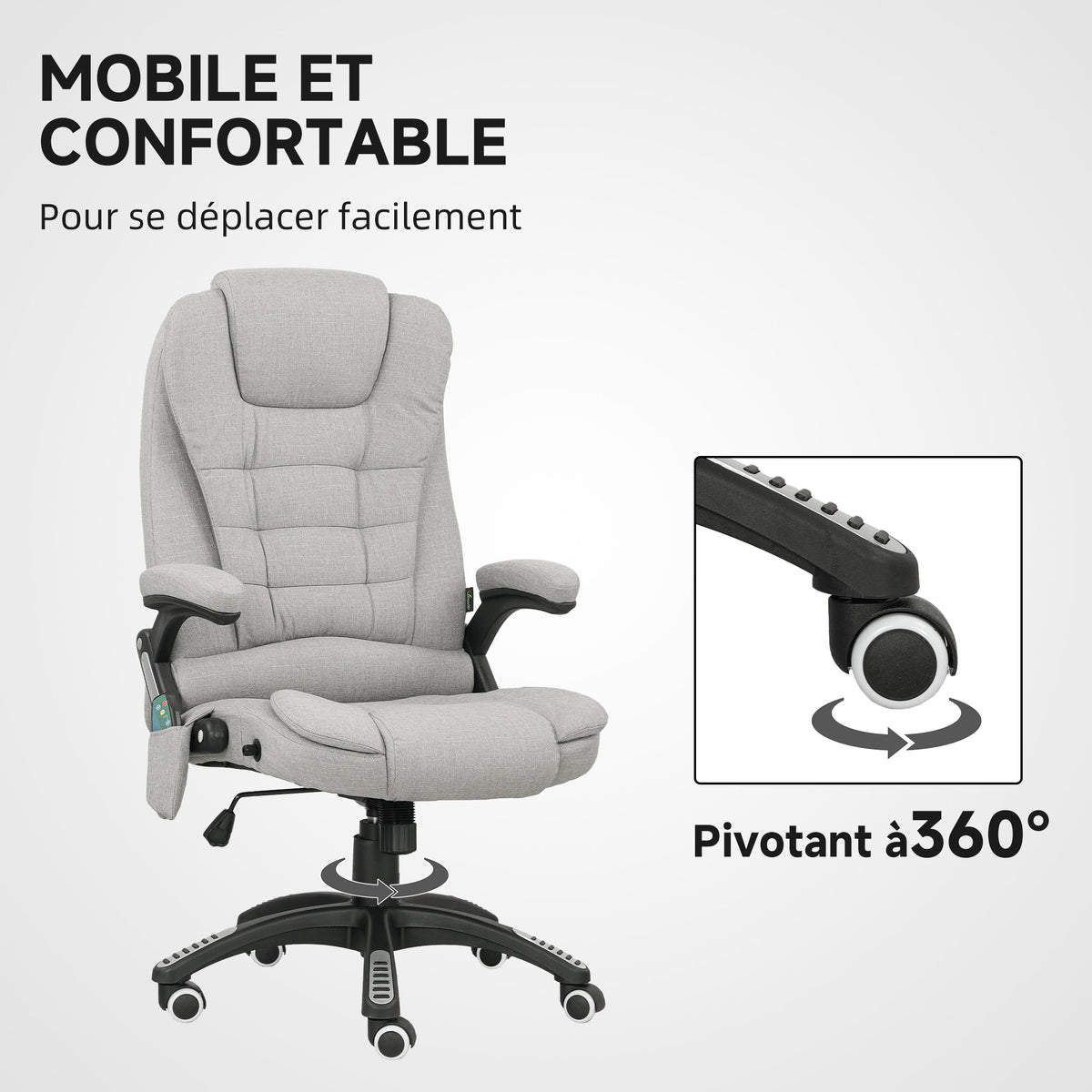 Fauteuil de bureau massant et chauffant chaise de bureau avec hauteur réglable dossier inclinable et télécommande gris