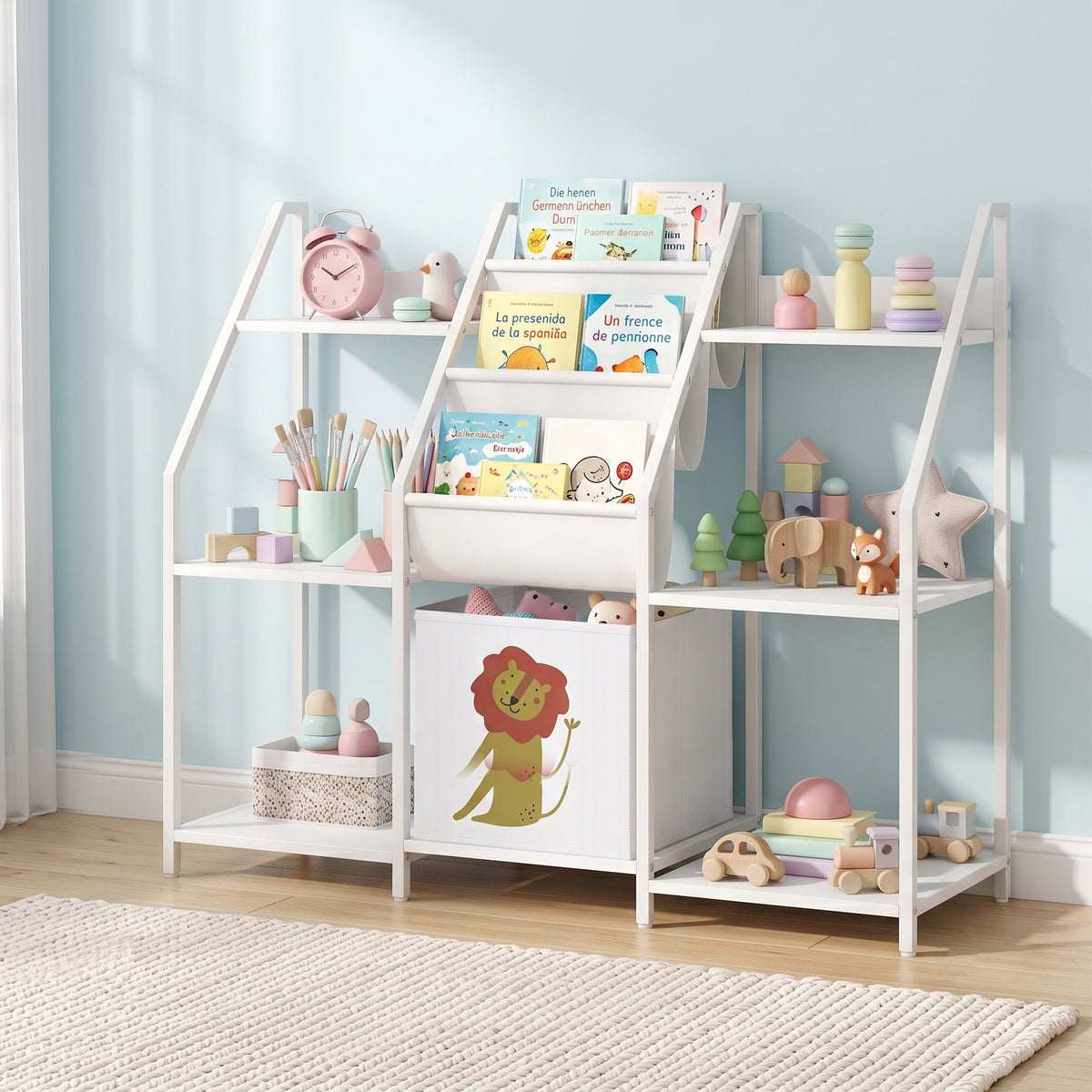 Kinderbücherregal mit 3 Ebenen, Kinderregal mit Stoffschublade, 93 x 30 x 76 cm, Weiß