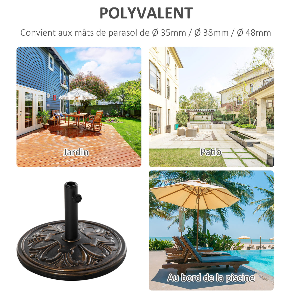 Pied de parasol rond base de lestage Ø 48 x 34H cm ciment HDPE motif fleurs de lys poids net 13 Kg noir doré