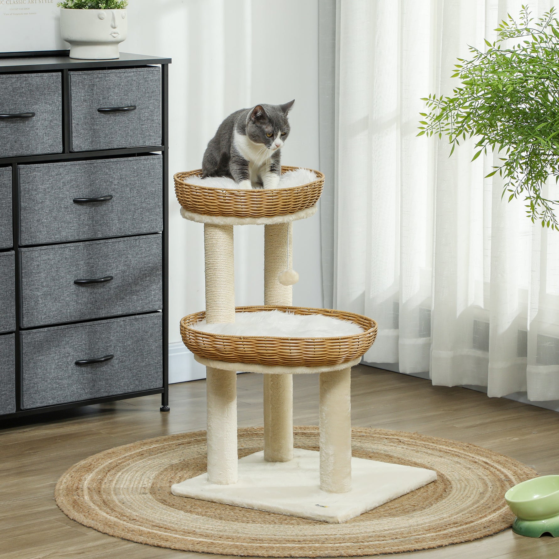 Arbre à chat arbre à grimper hauteur de 75,5 cm avec deux lits pour chat en rotin griffoirs coussins lavables beige