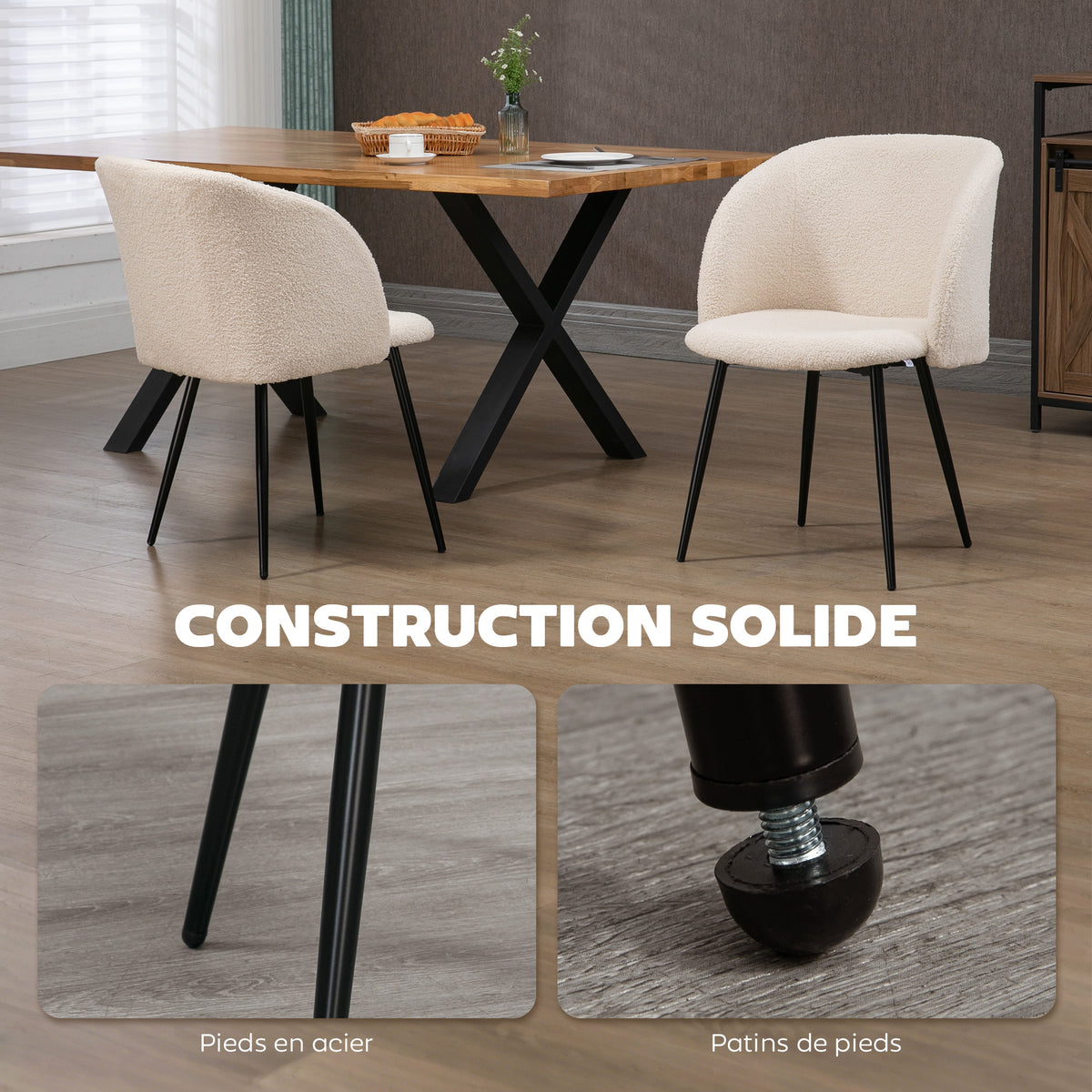 Juego de 2 sillas de comedor con respaldo de tela efecto lana de borreguito, patas de acero, 55 x 62 x 80 cm, beige negro