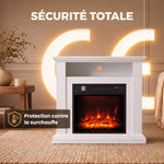 Cheminée Électrique 1800 W, Effet Flamme à 3 Niveaux de Luminosité, Fausse Cheminée avec Manteau, Effet Bois Blanc