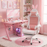 Silla gaming con soporte lumbar, altura ajustable, respaldo reclinable, orejas de conejo y reposacabezas, rosa