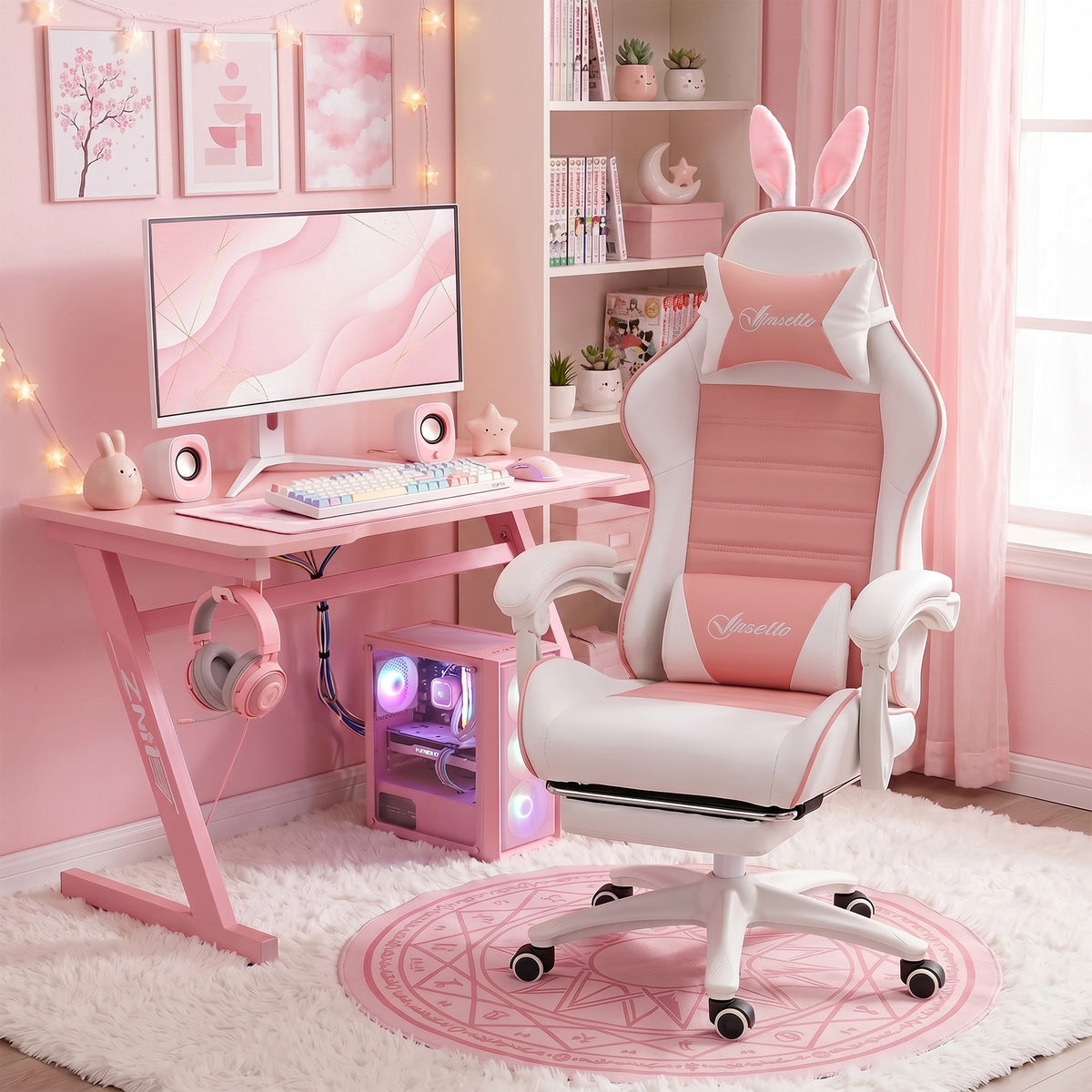 Silla gaming con soporte lumbar, altura ajustable, respaldo reclinable, orejas de conejo y reposacabezas, rosa