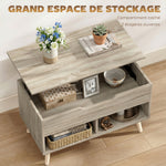 Mesa de centro elevable, mesa de salón con compartimento oculto y estantes abiertos, 75 x 40 x 58 cm, madera natural