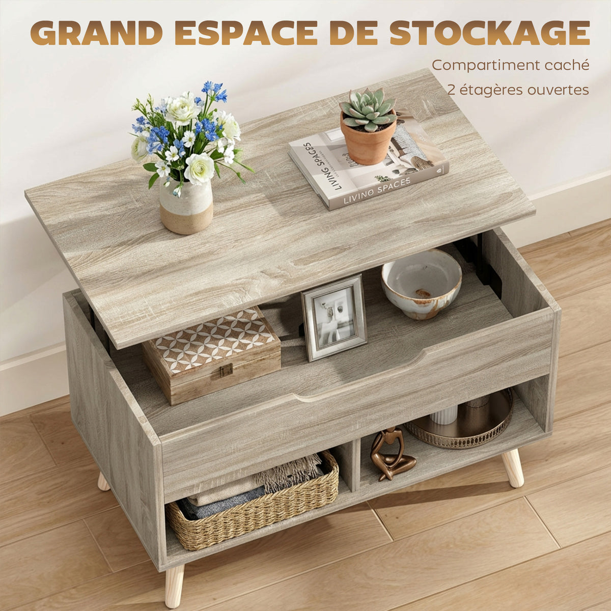 Mesa de centro elevable, mesa de salón con compartimento oculto y estantes abiertos, 75 x 40 x 58 cm, madera natural