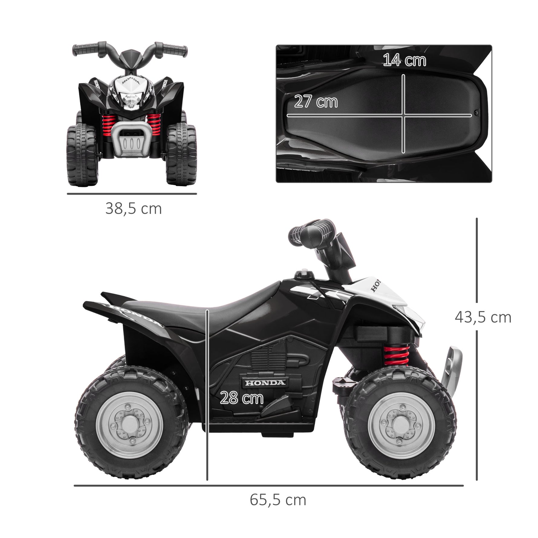 Quad électrique enfant 6 V, vitesse de 2,8 km/h, phares LED, klaxon, poignée et selle ergonomique, noir