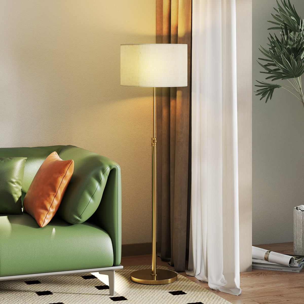Lampadaire sur pied salon, lampe sur pied dimmable avec télécommande, abat-jour en lin, hauteur réglable 133-168cm, doré