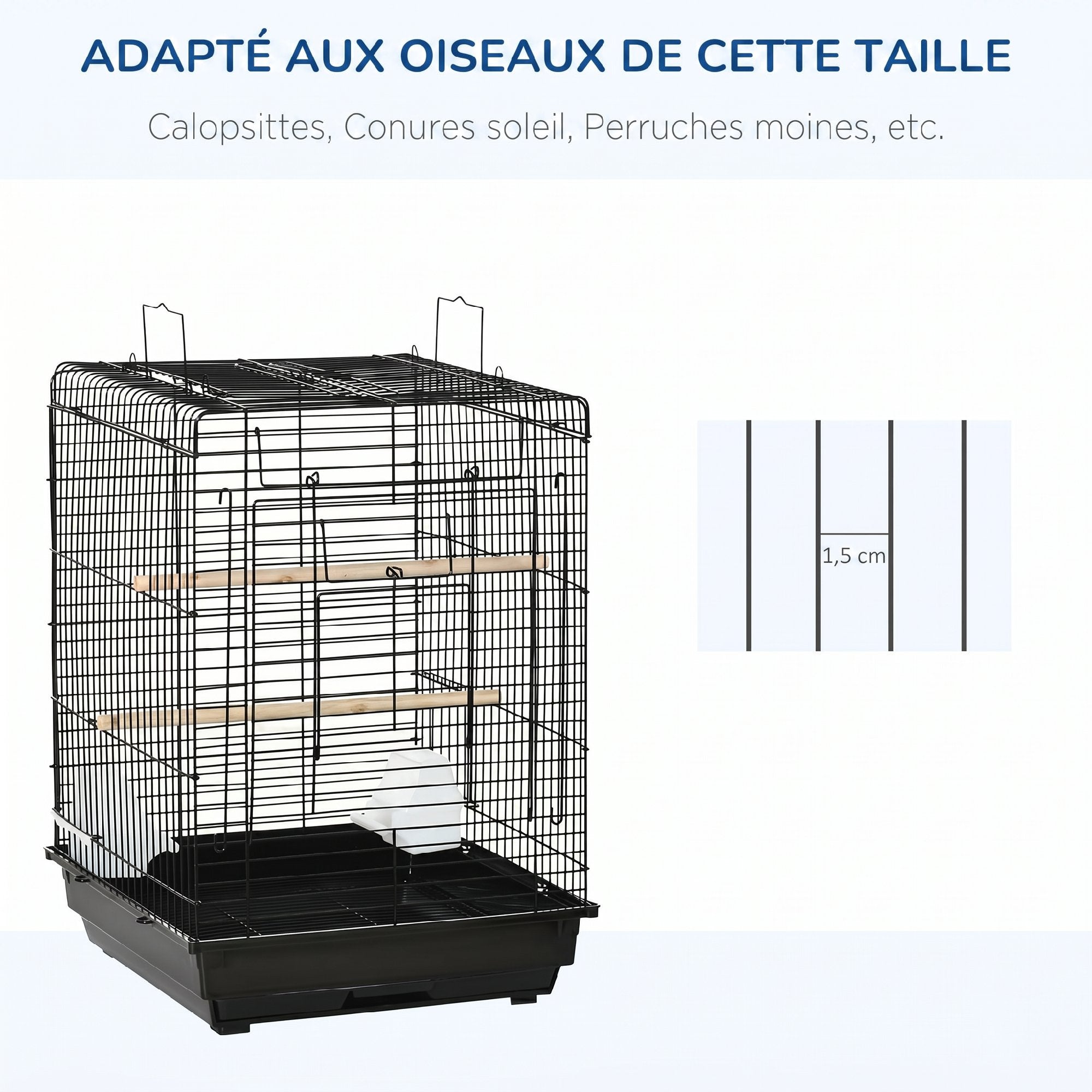 Cage à oiseaux en métal avec mangeoires perchoirs plateau amovible poignée dim. 40L x 40l x 59H cm noir