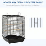 Cage à oiseaux en métal avec mangeoires perchoirs plateau amovible poignée dim. 40L x 40l x 59H cm noir