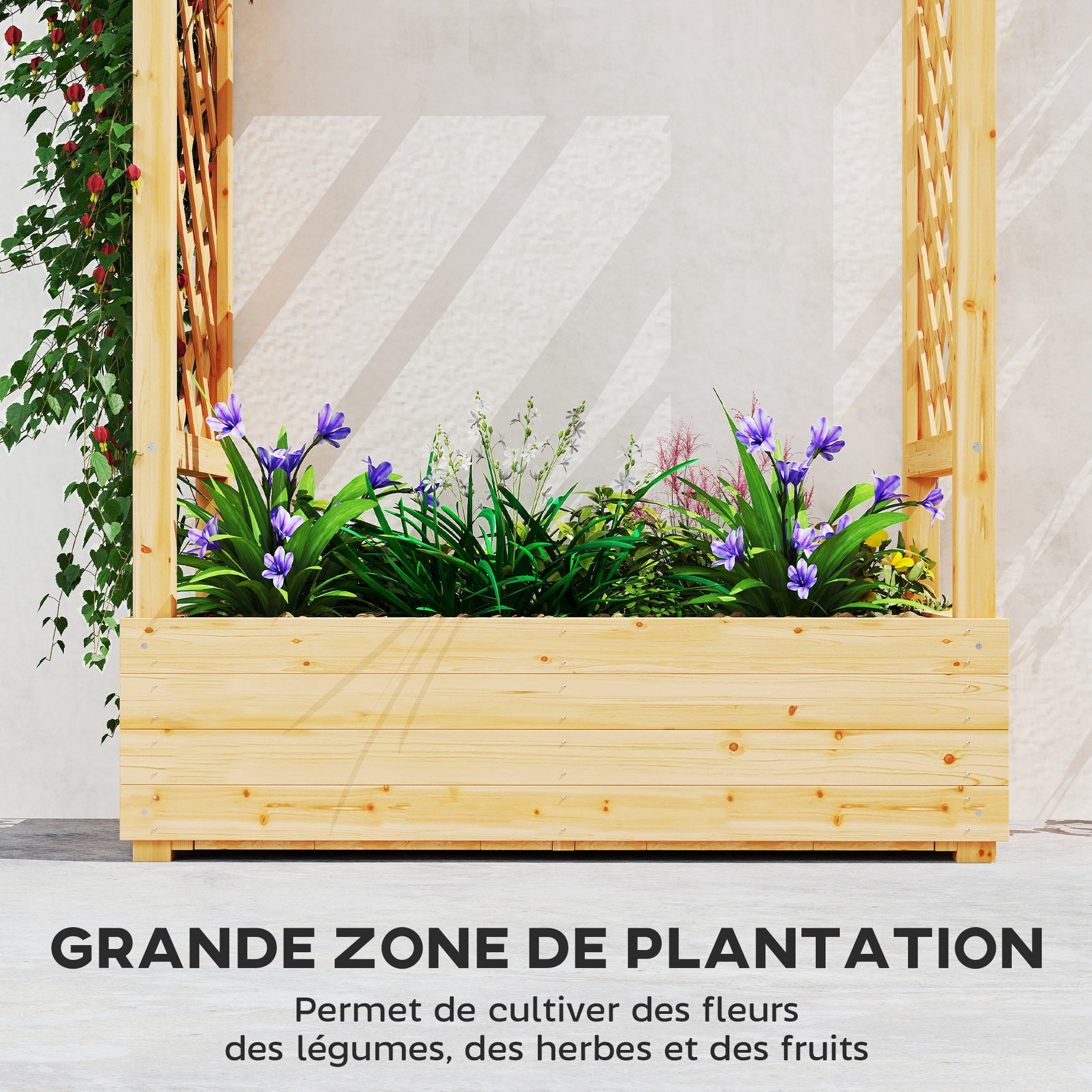 Jardinière surélevée avec treillis latéral et supérieur, bac à fleurs trous de drainage, 110x44x113cm, bois naturel